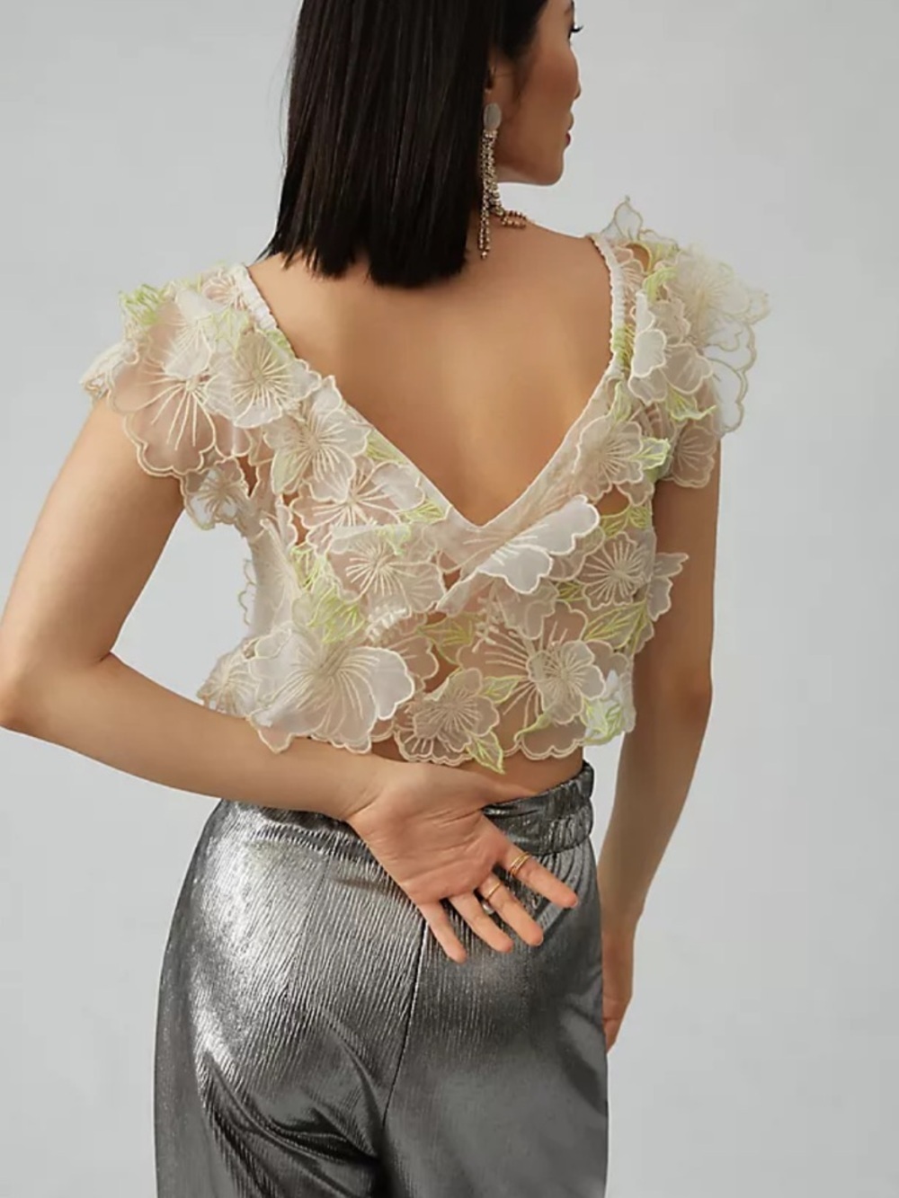 Anthropologie Sheer Floral Appliqué Crop Top in Ivory and Pale Green - Picture 2 of 3